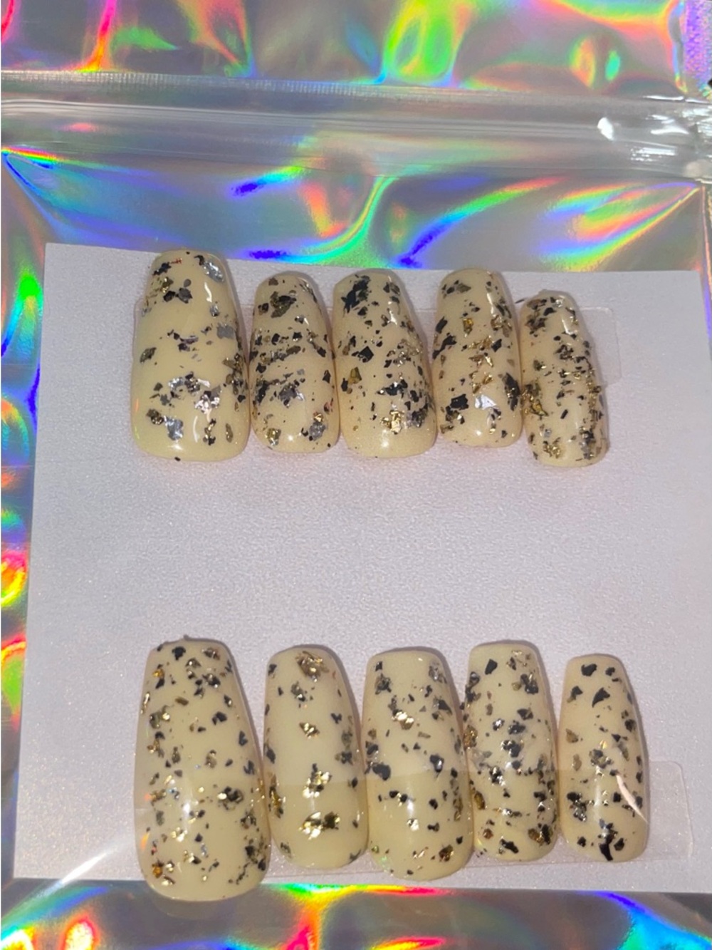 Cream Press-On Nails with Black and Gold Flakes